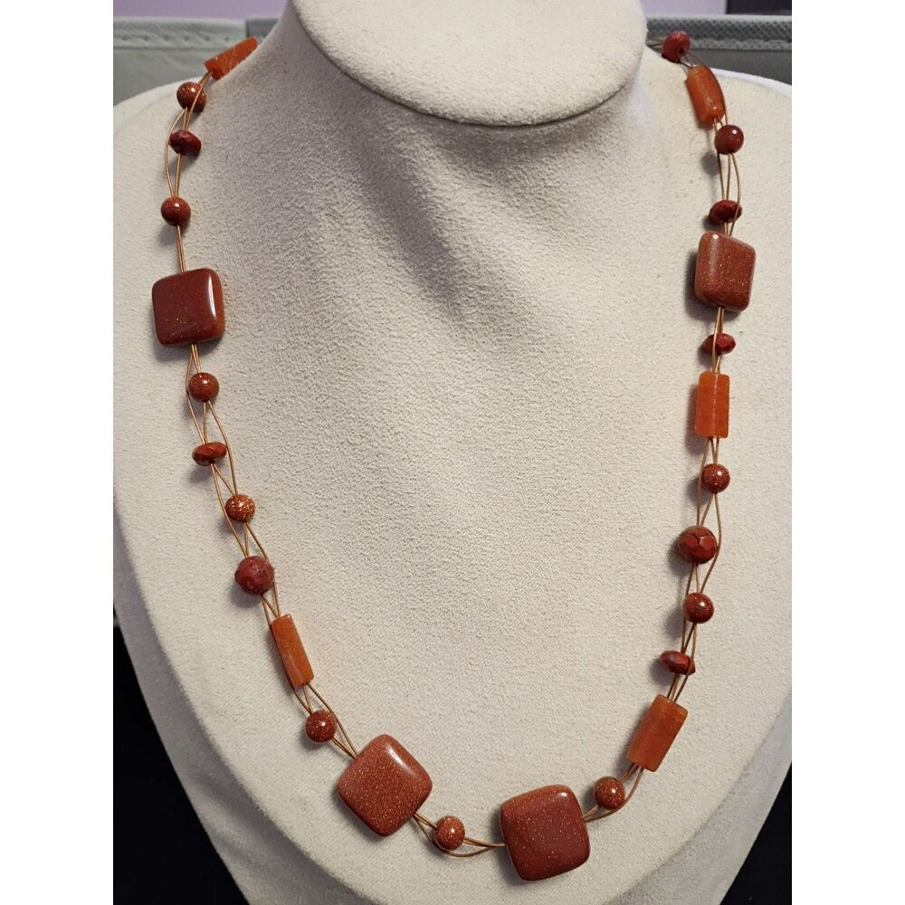 Vintage Dainty Necklace with beads of Goldstone, Aventurine Glass, Healing Stone